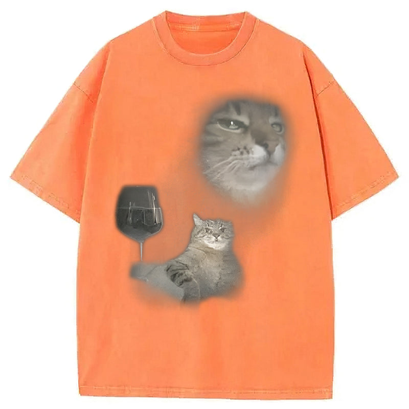 Funny Cat Drinking Wine Graphic Washed Unisex Tee