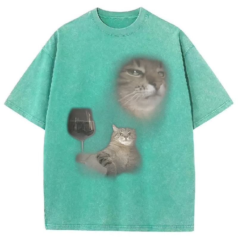 Funny Cat Drinking Wine Graphic Washed Unisex Tee