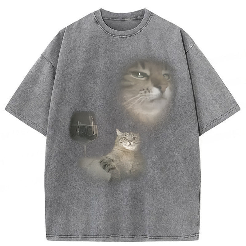 Funny Cat Drinking Wine Graphic Washed Unisex Tee