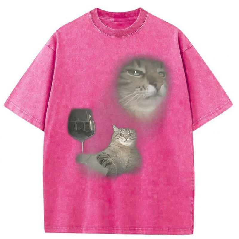Funny Cat Drinking Wine Graphic Washed Unisex Tee