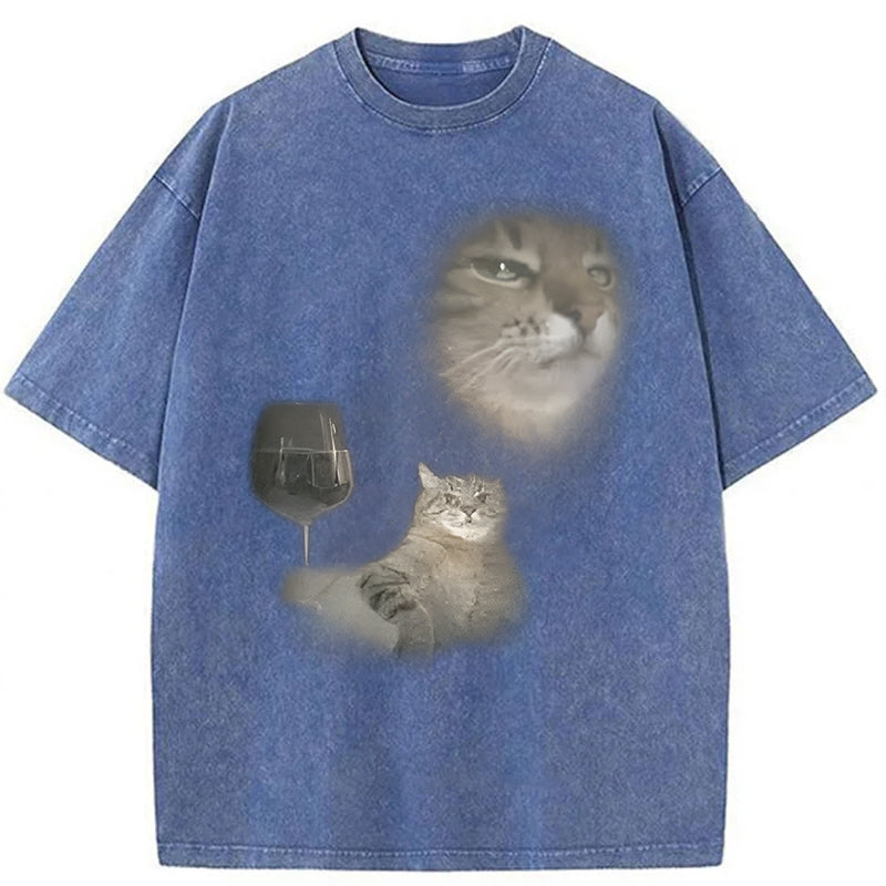 Funny Cat Drinking Wine Graphic Washed Unisex Tee