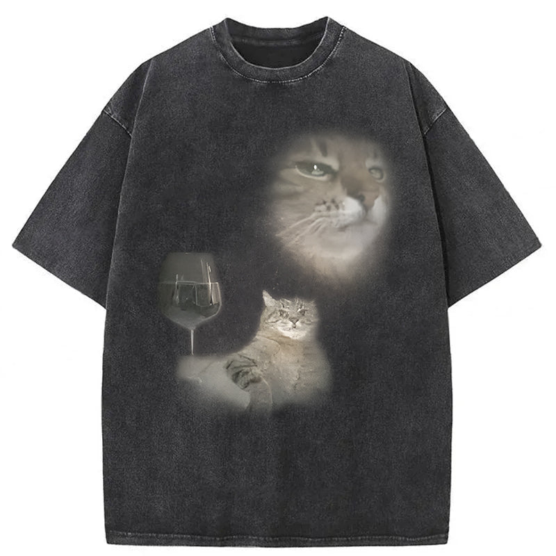 Funny Cat Drinking Wine Graphic Washed Unisex Tee