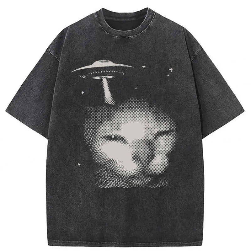 Y2k Alien Cat Washed Unisex Tee