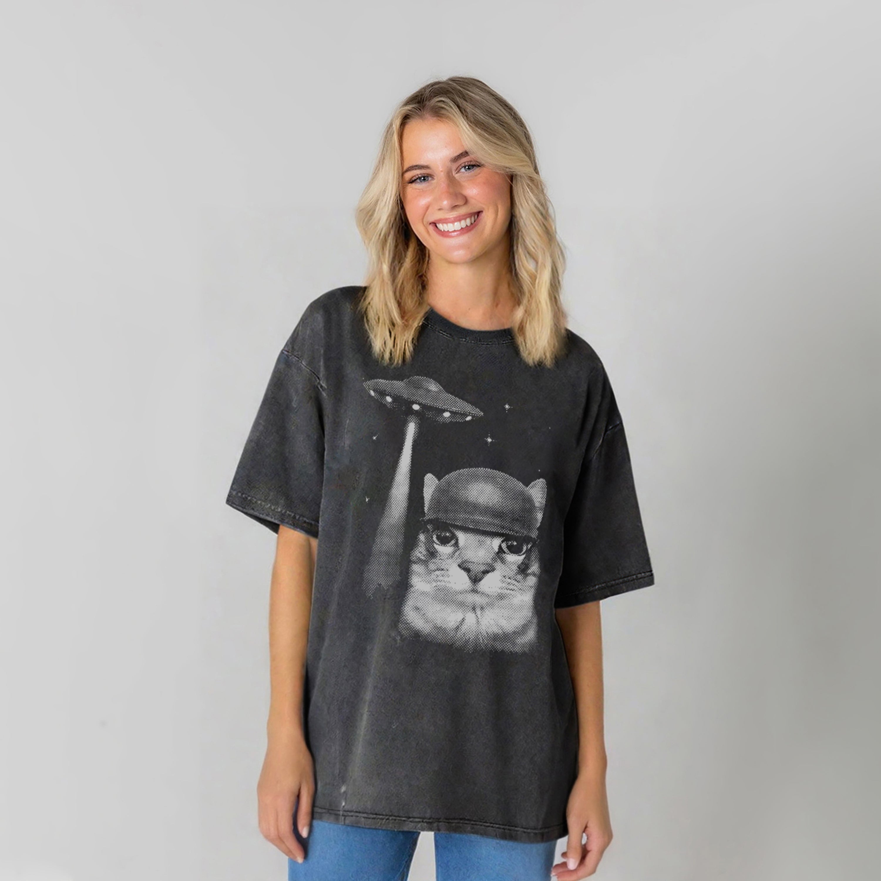 Alien Invasion Funny Cat Meme Washed Unisex Tee
