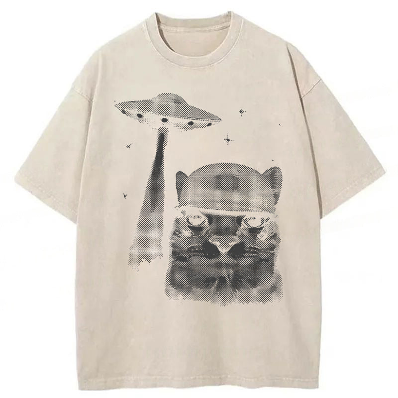 Alien Invasion Funny Cat Meme Washed Unisex Tee