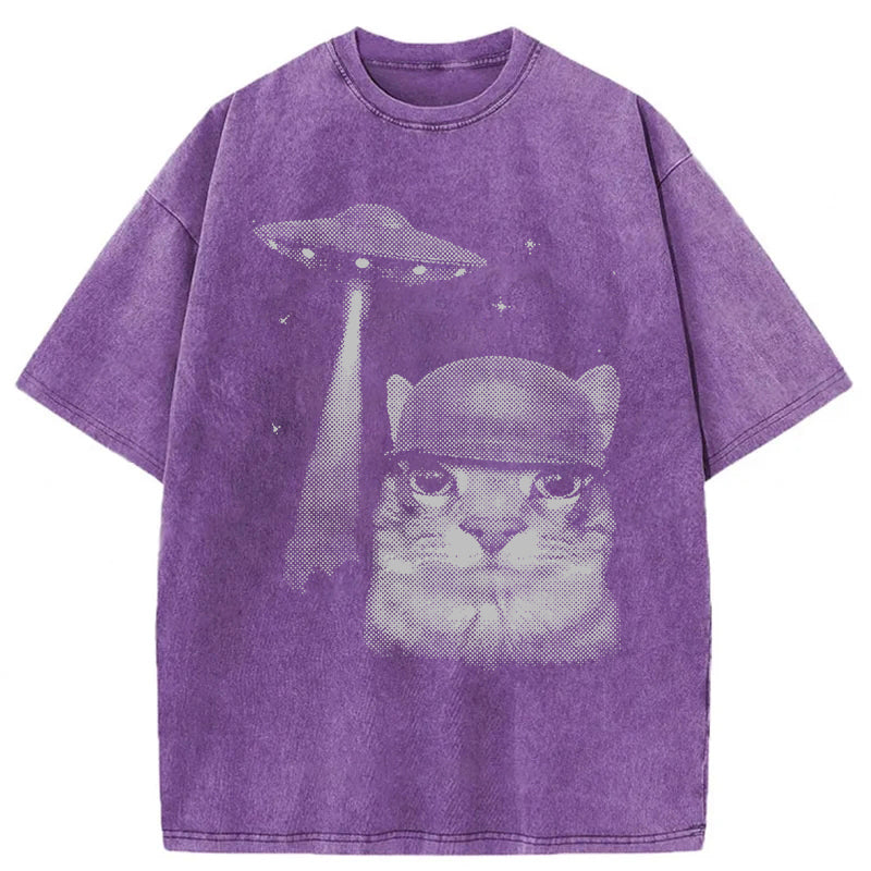 Alien Invasion Funny Cat Meme Washed Unisex Tee