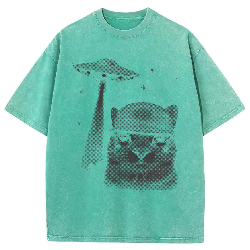 Alien Invasion Funny Cat Meme Washed Unisex Tee