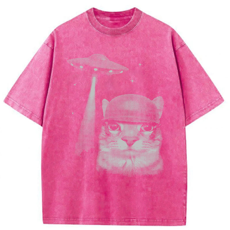 Alien Invasion Funny Cat Meme Washed Unisex Tee