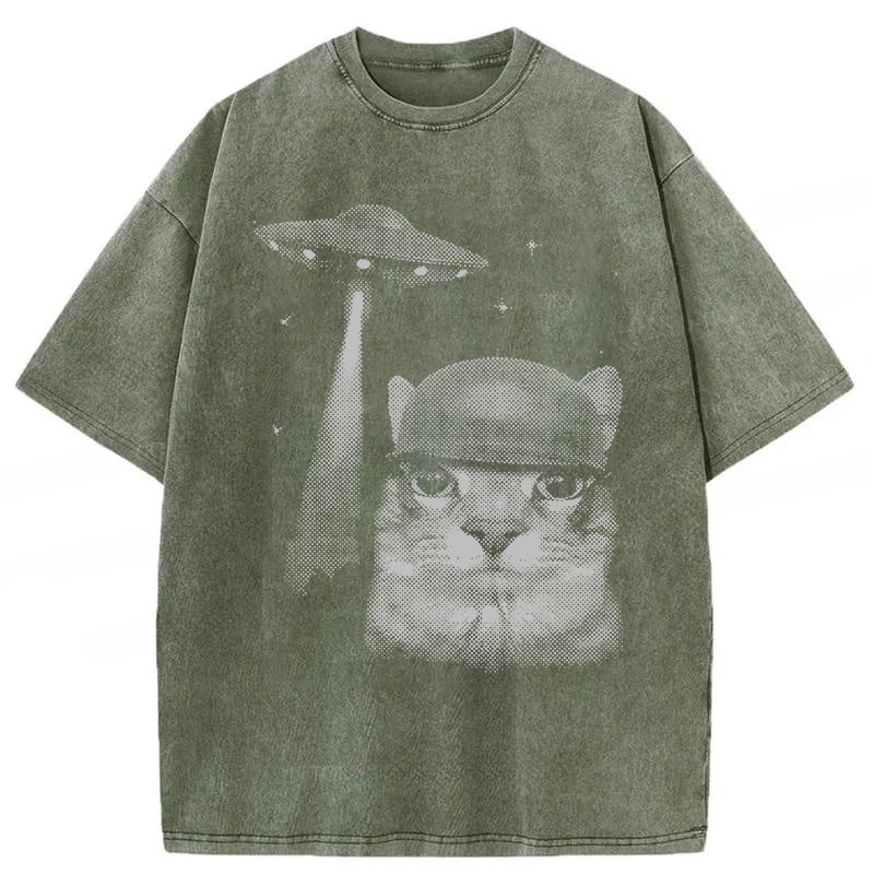 Alien Invasion Funny Cat Meme Washed Unisex Tee