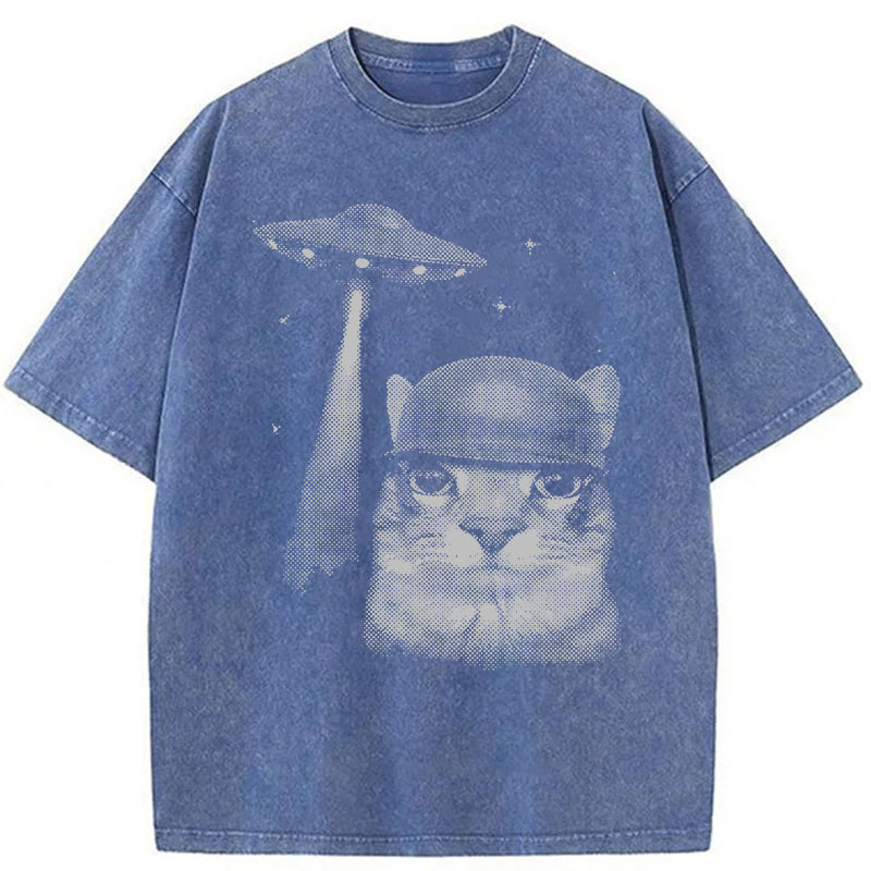 Alien Invasion Funny Cat Meme Washed Unisex Tee
