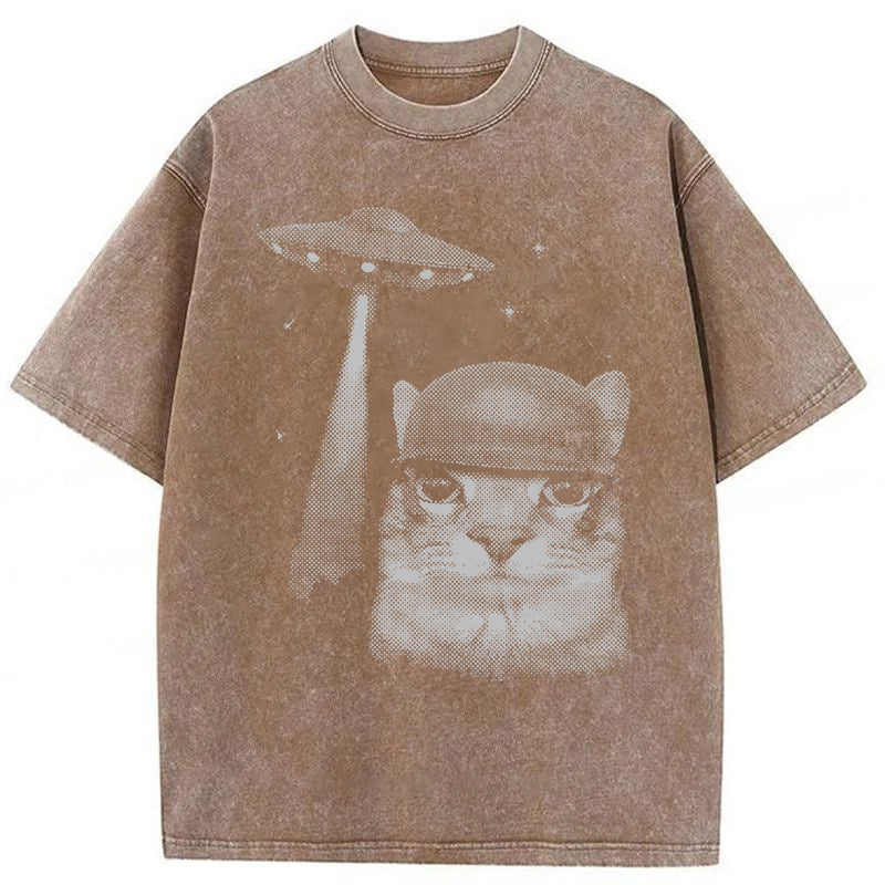 Alien Invasion Funny Cat Meme Washed Unisex Tee