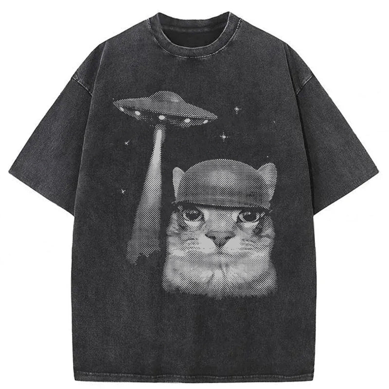 Alien Invasion Funny Cat Meme Washed Unisex Tee