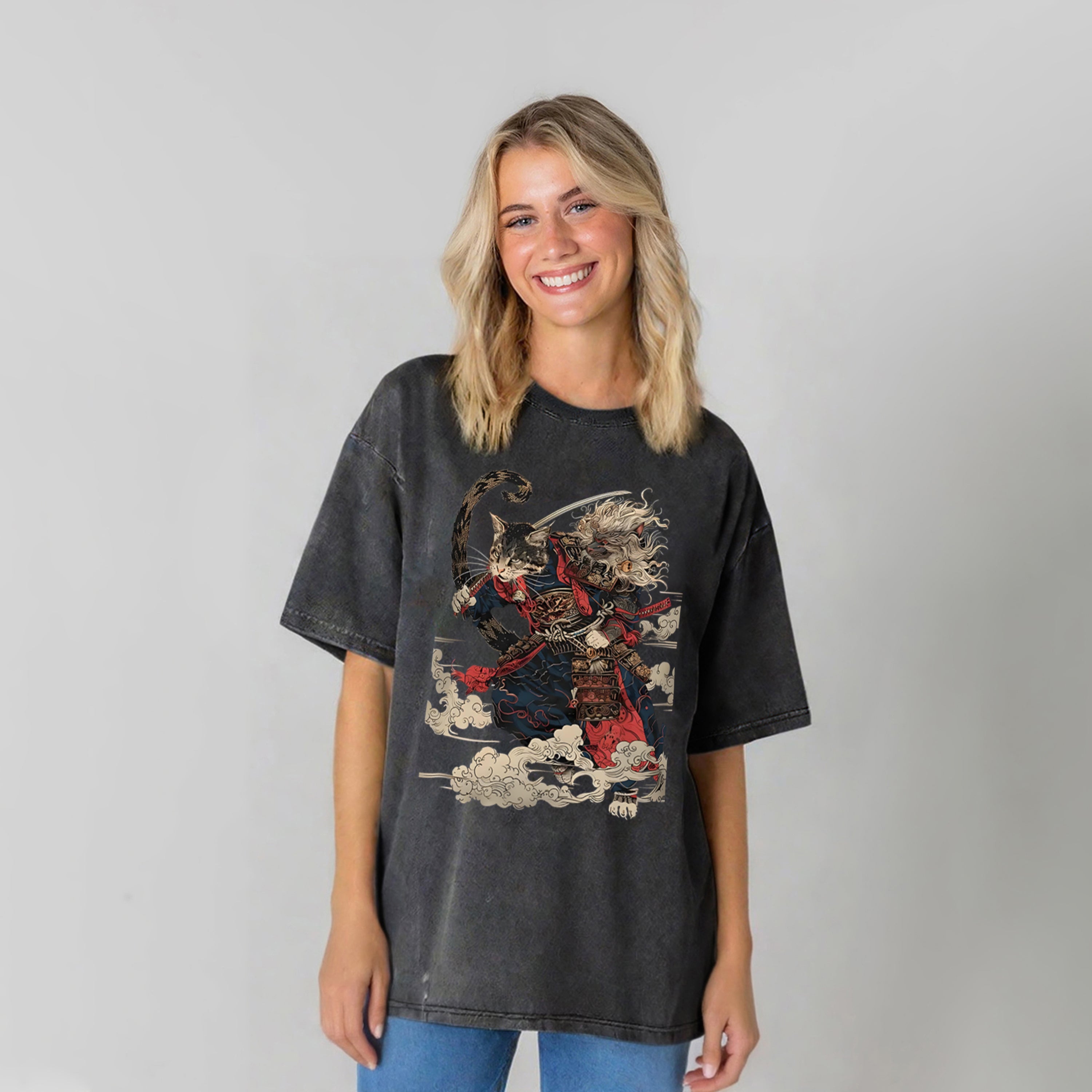 Cat Samurai Washed Unisex Tee