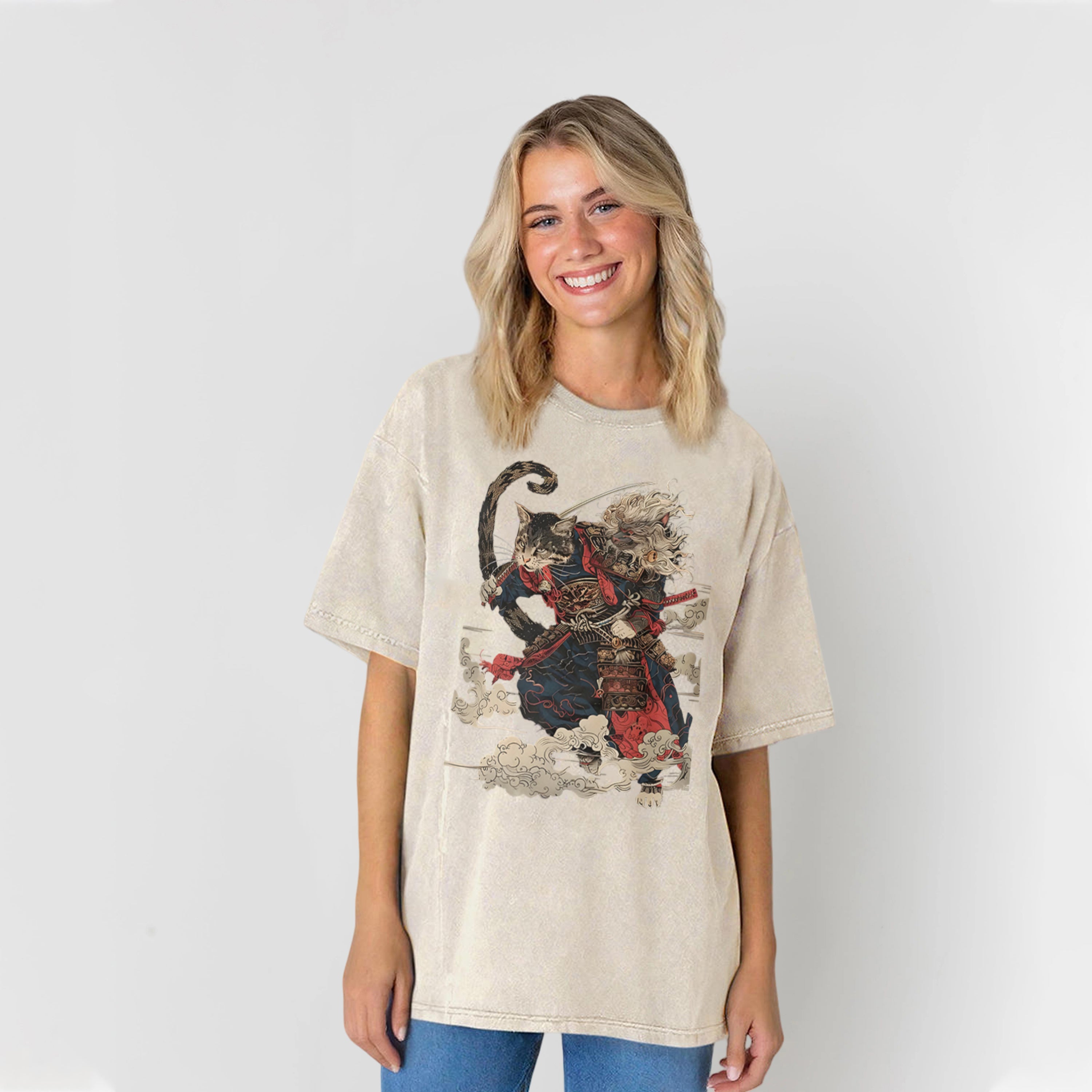 Cat Samurai Washed Unisex Tee