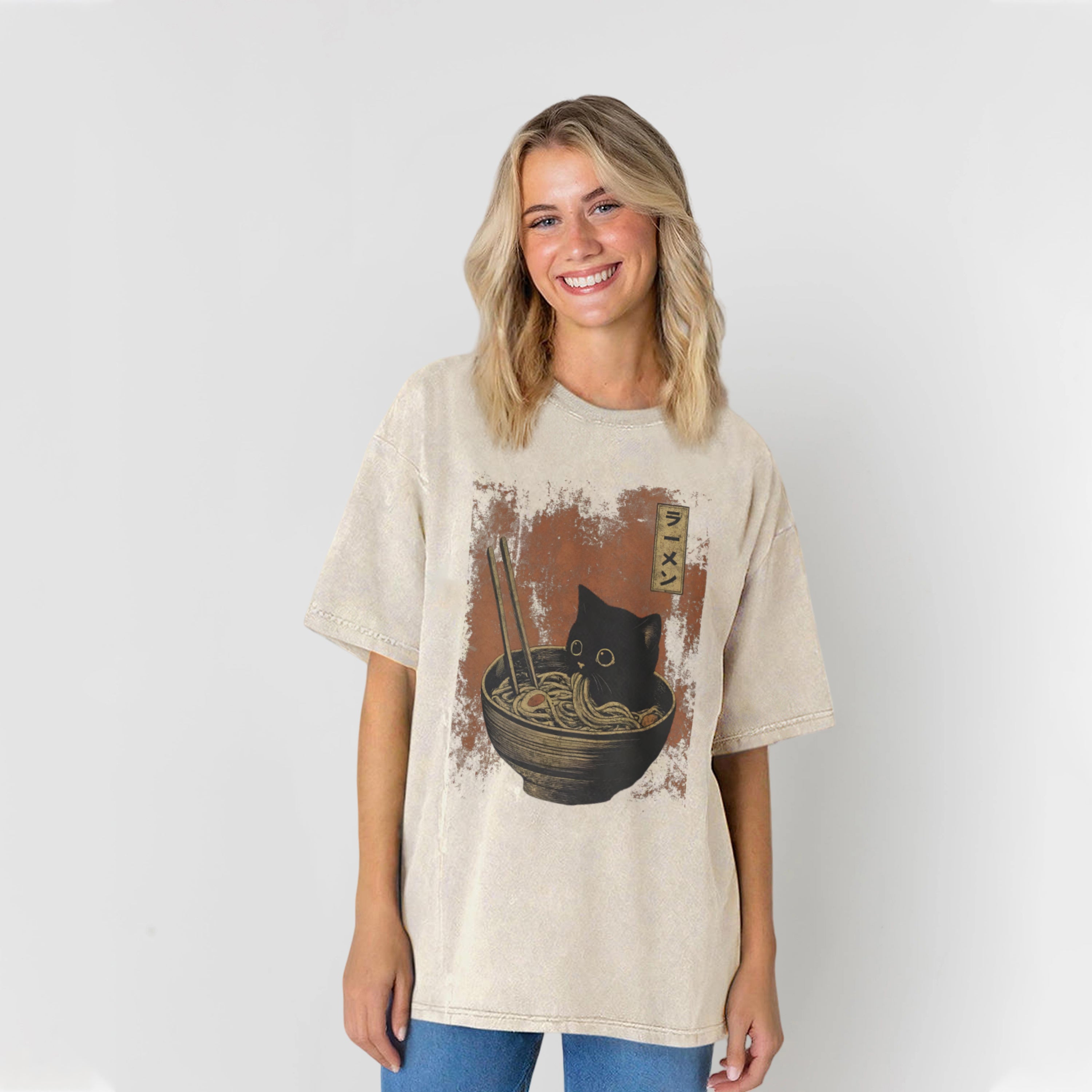 Cat Eating Ramen Washed Unisex Tee