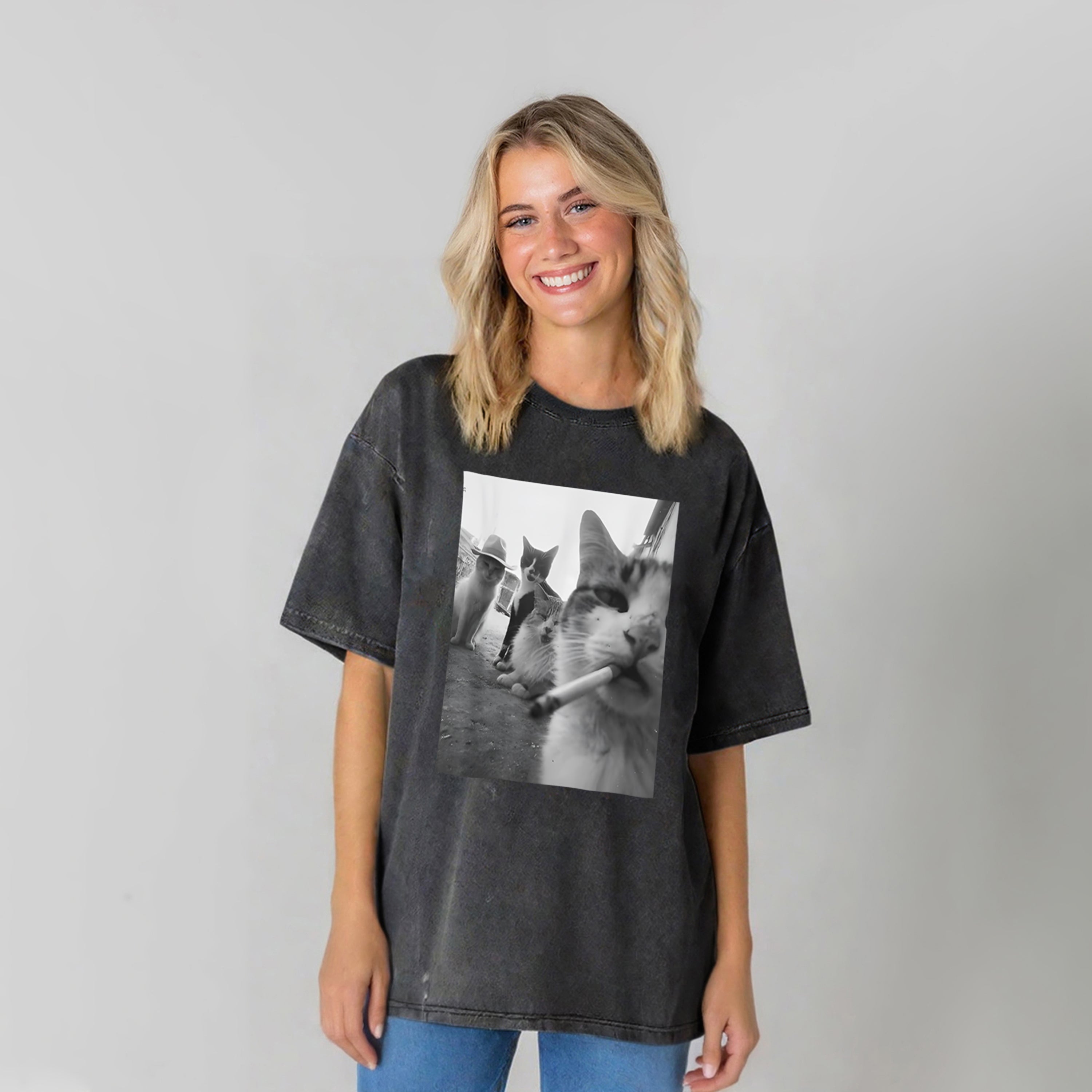 Cigarette Kitten Smoking Cat Washed Unisex Tee