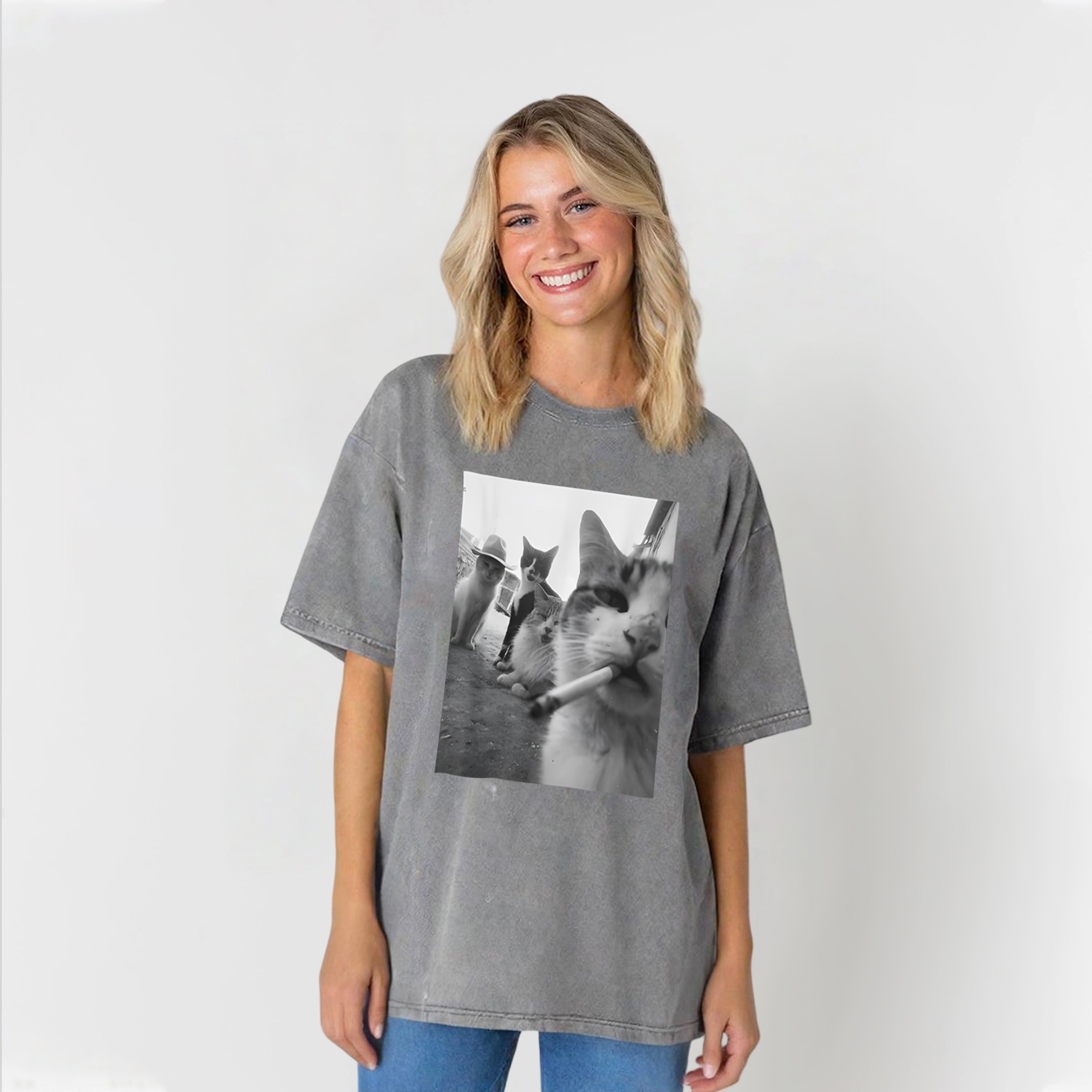 Cigarette Kitten Smoking Cat Washed Unisex Tee