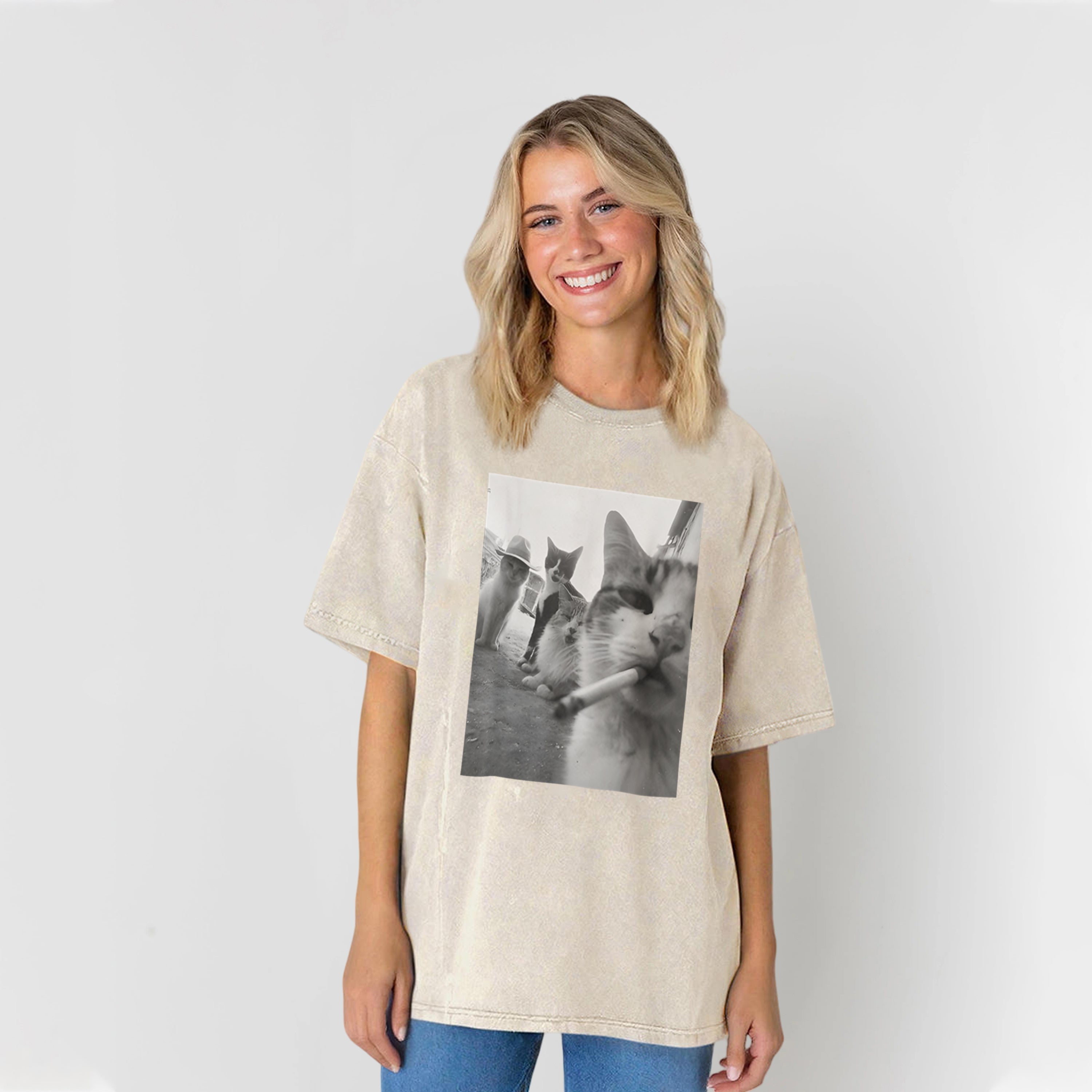 Cigarette Kitten Smoking Cat Washed Unisex Tee