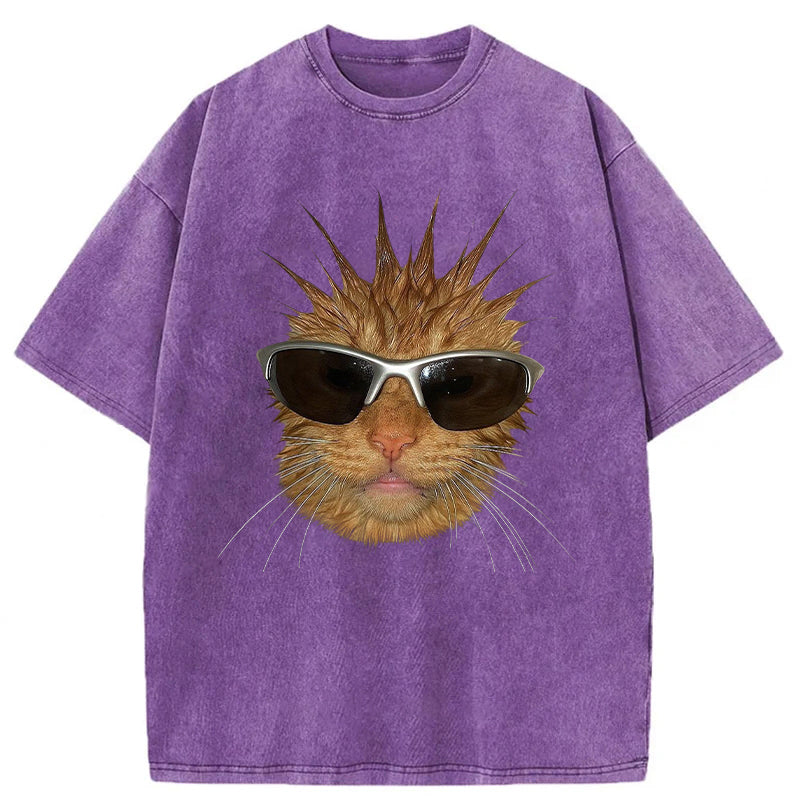 Funny Cat With Spiky Hair Washed Unisex Tee