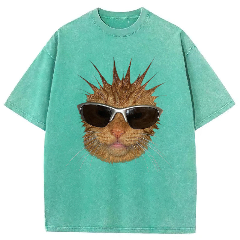 Funny Cat With Spiky Hair Washed Unisex Tee