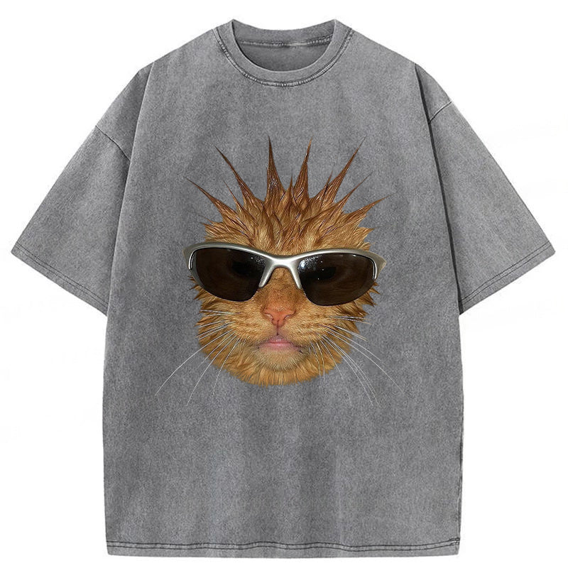 Funny Cat With Spiky Hair Washed Unisex Tee