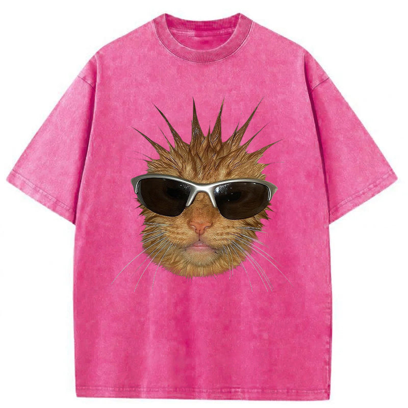 Funny Cat With Spiky Hair Washed Unisex Tee