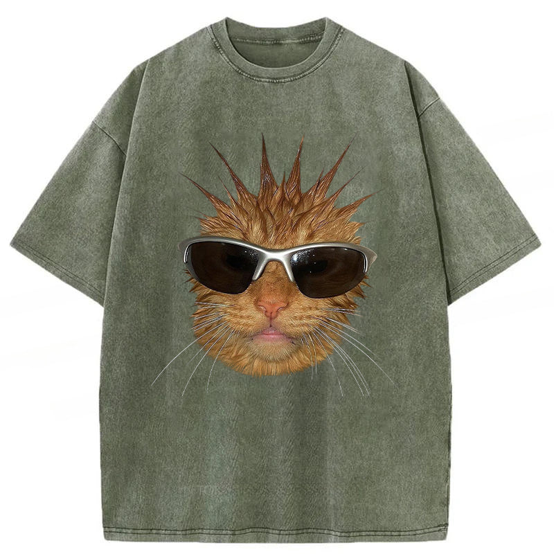 Funny Cat With Spiky Hair Washed Unisex Tee