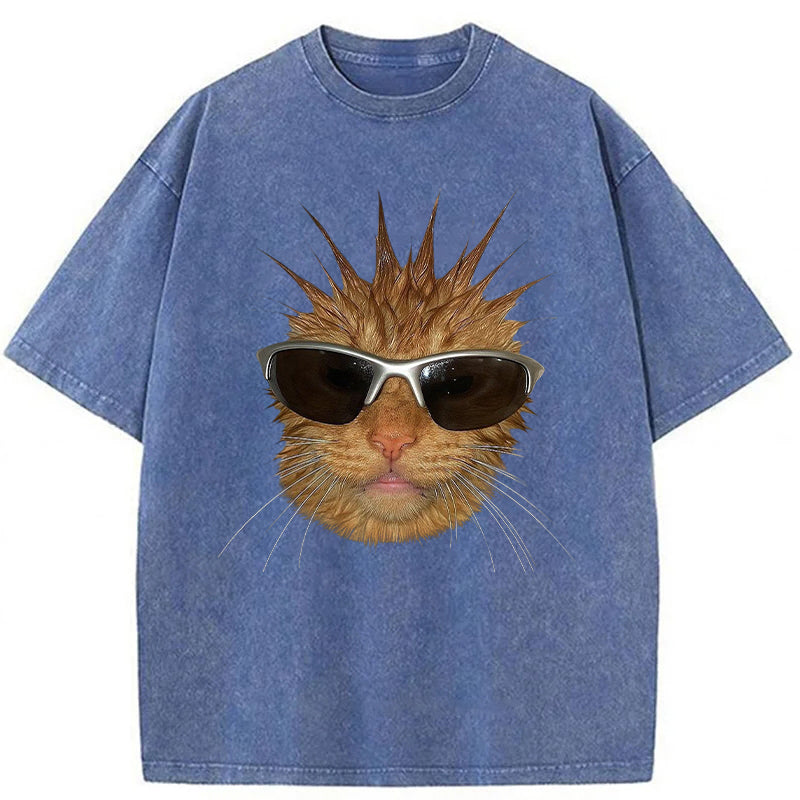 Funny Cat With Spiky Hair Washed Unisex Tee