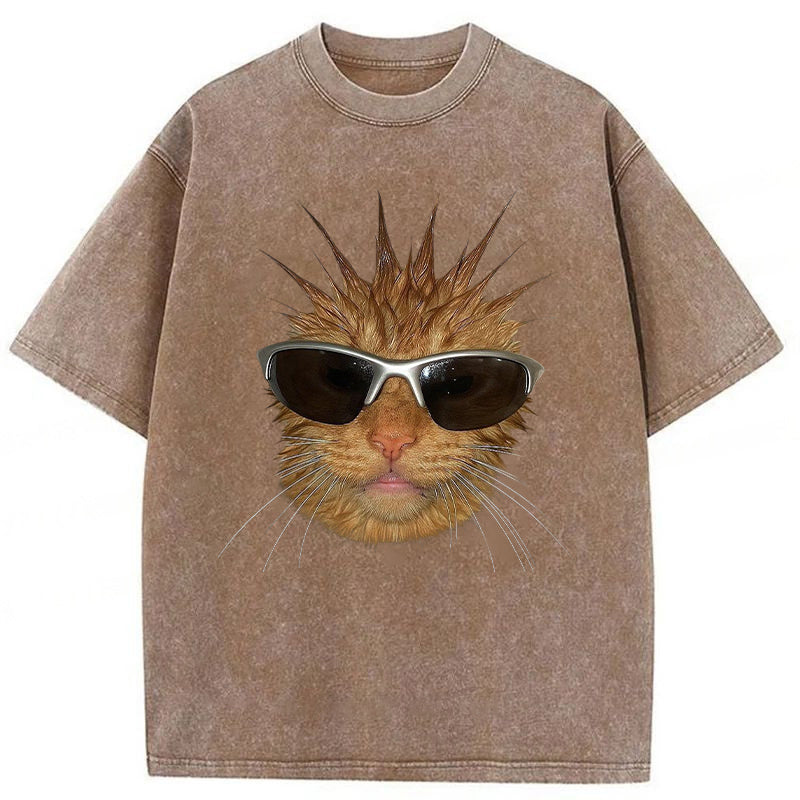 Funny Cat With Spiky Hair Washed Unisex Tee