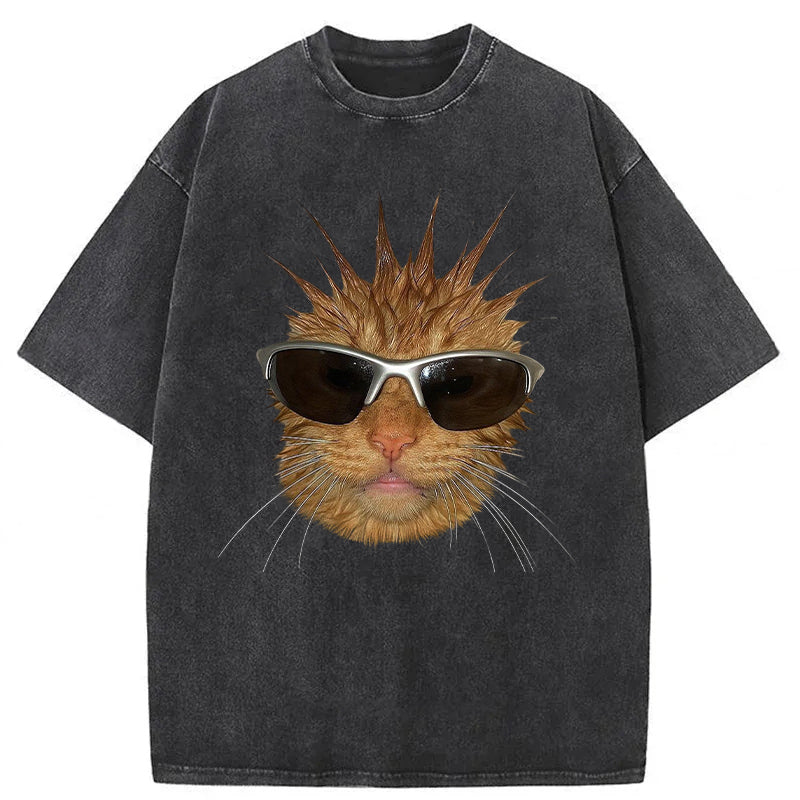 Funny Cat With Spiky Hair Washed Unisex Tee