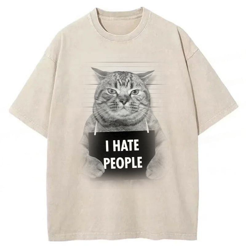 I Hate People Funny Cat Washed Unisex Tee