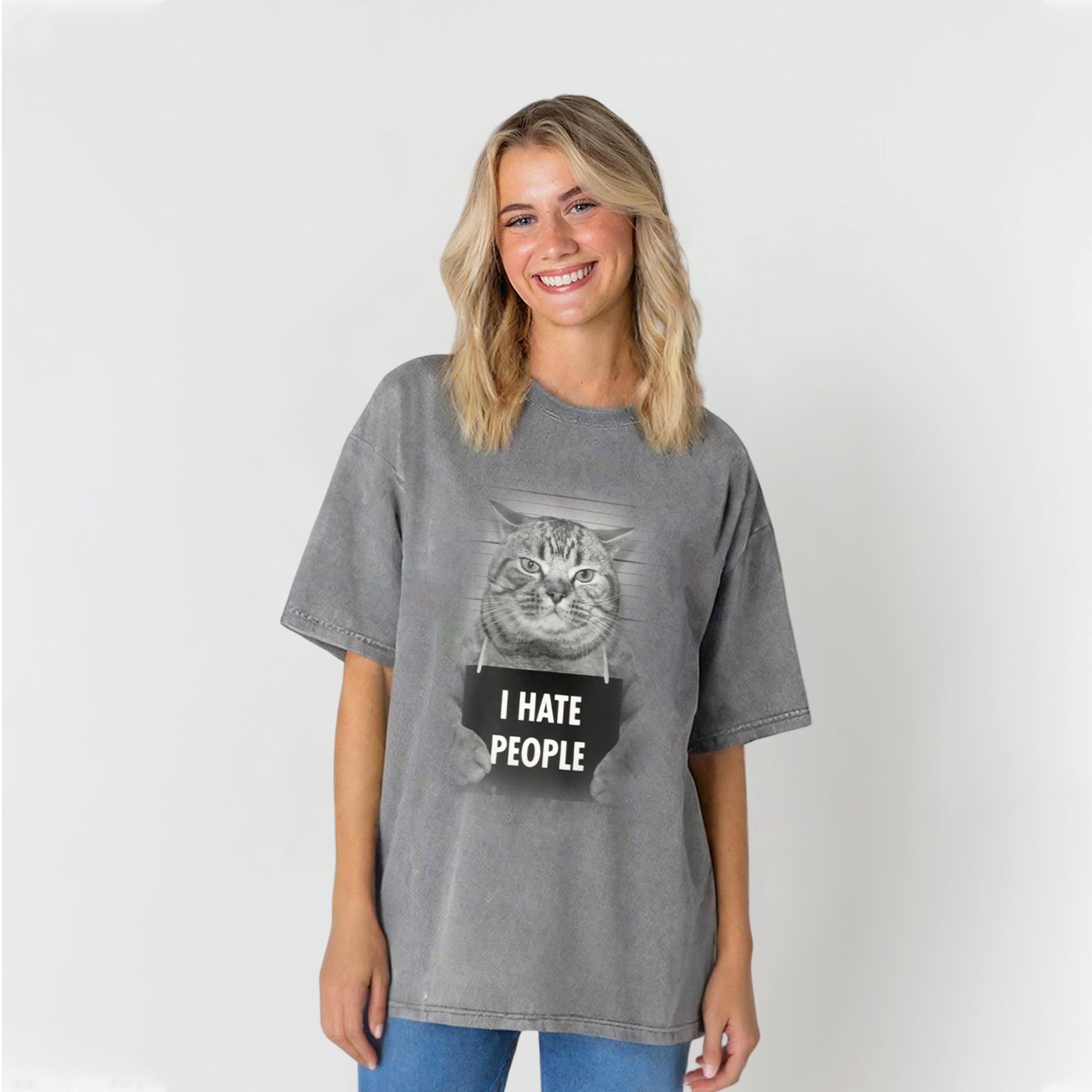 I Hate People Funny Cat Washed Unisex Tee