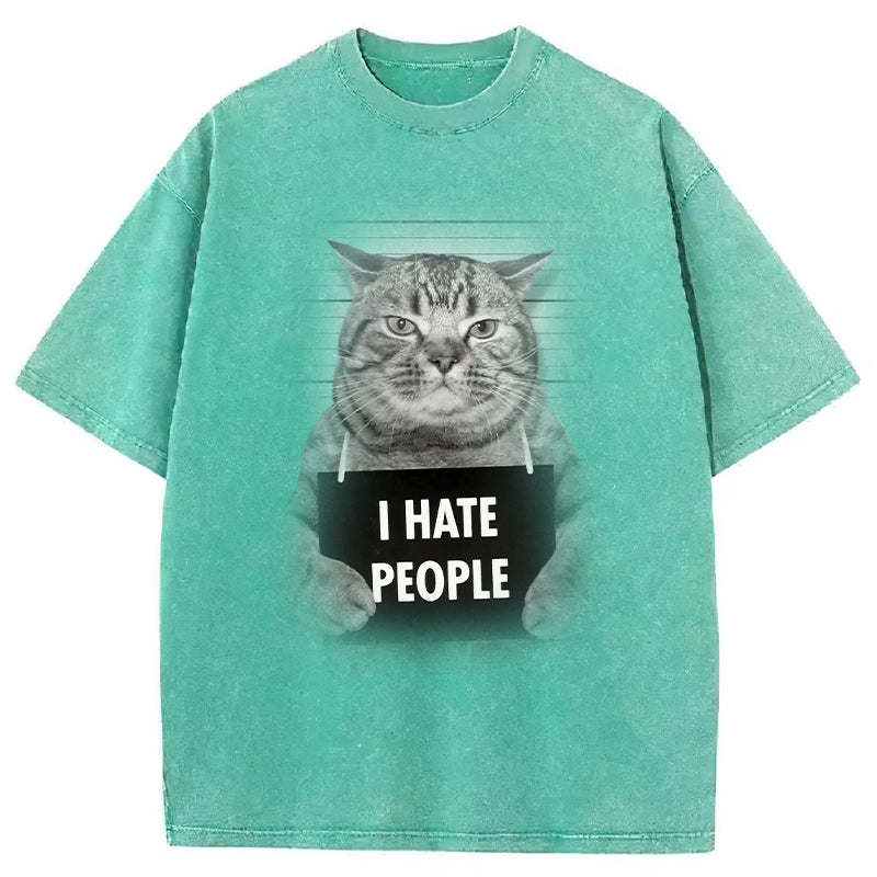 I Hate People Funny Cat Washed Unisex Tee