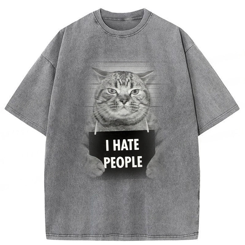 I Hate People Funny Cat Washed Unisex Tee