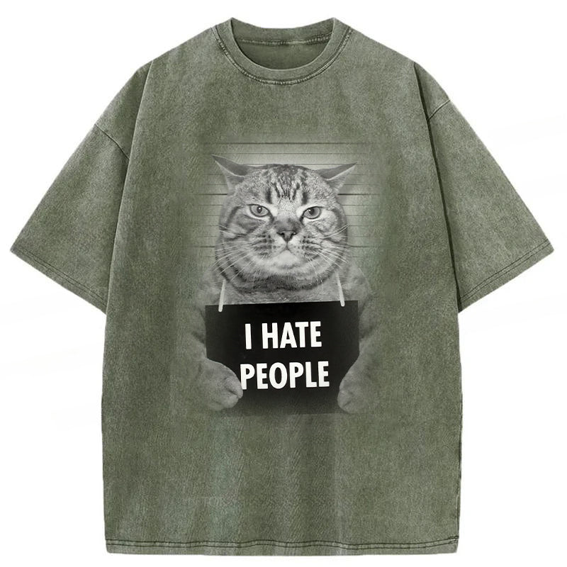 I Hate People Funny Cat Washed Unisex Tee