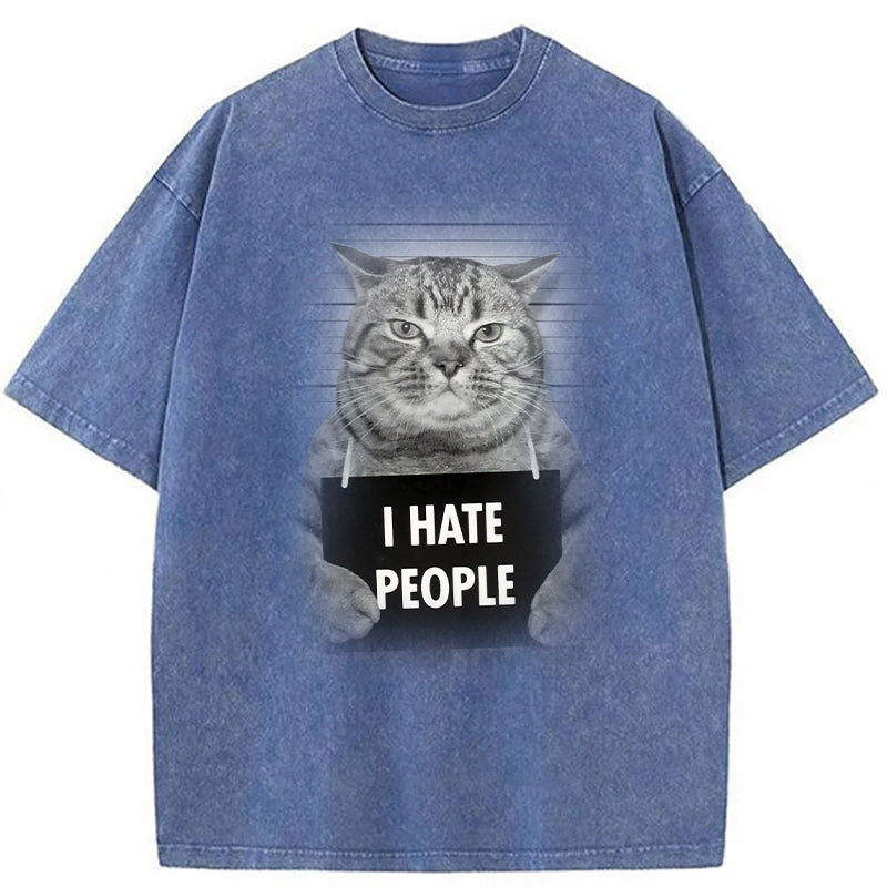 I Hate People Funny Cat Washed Unisex Tee