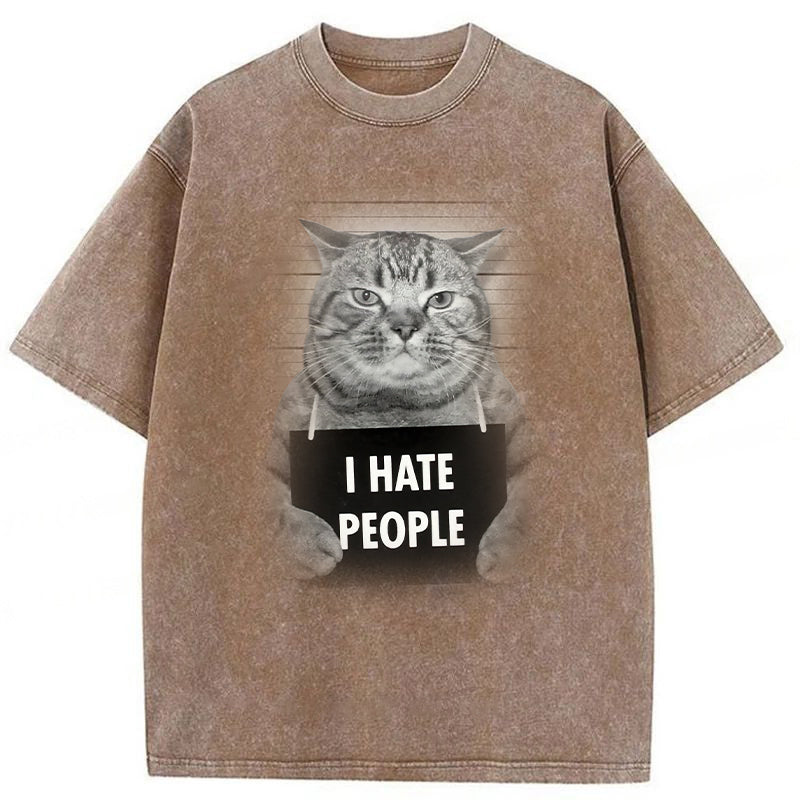 I Hate People Funny Cat Washed Unisex Tee