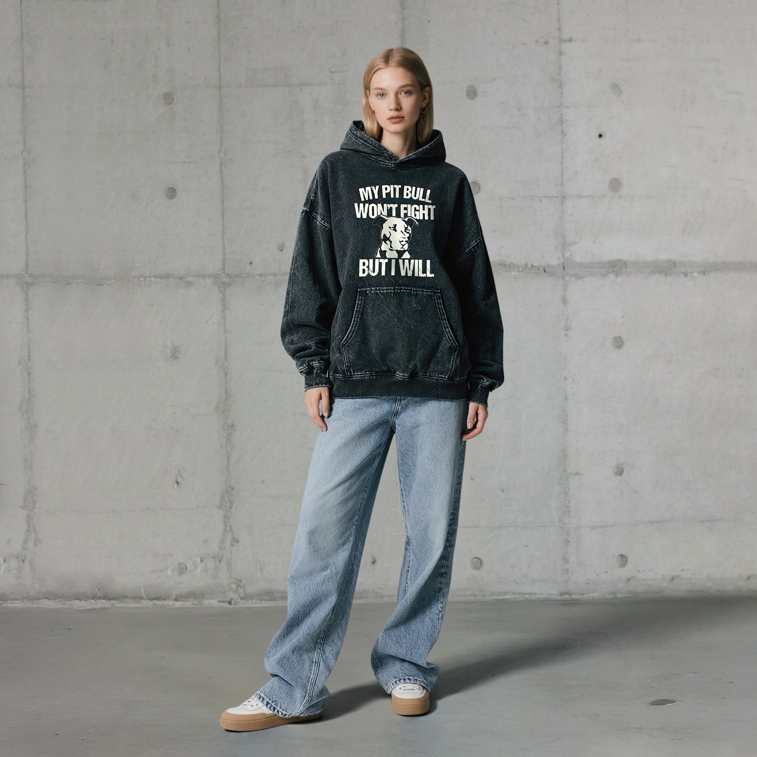 My Pit Bull Won't Fight But I Will Washed Unisex Hoodie