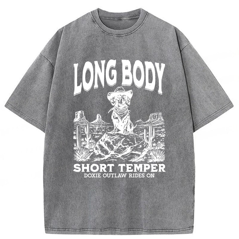 Long Body Short Temper Funny Dachshund Cowboy Washed Unisex Tee