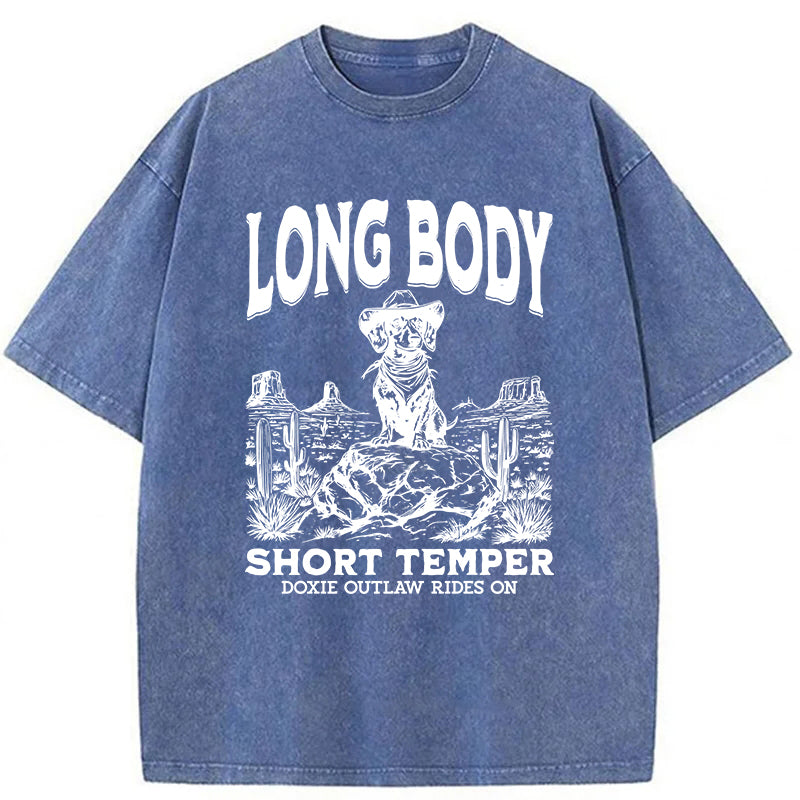 Long Body Short Temper Funny Dachshund Cowboy Washed Unisex Tee