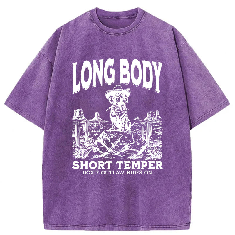 Long Body Short Temper Funny Dachshund Cowboy Washed Unisex Tee