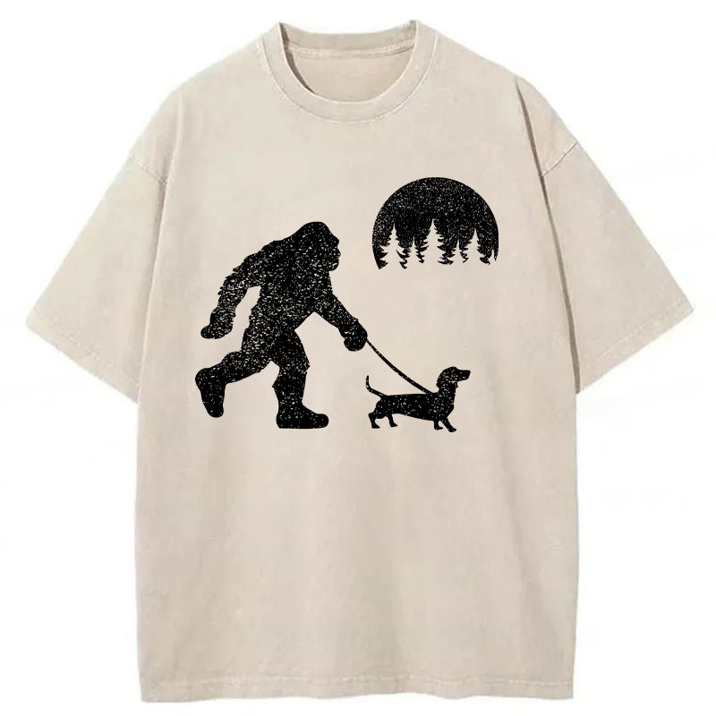 Funny Dachshund Walking Bigfoot Washed Unisex Tee