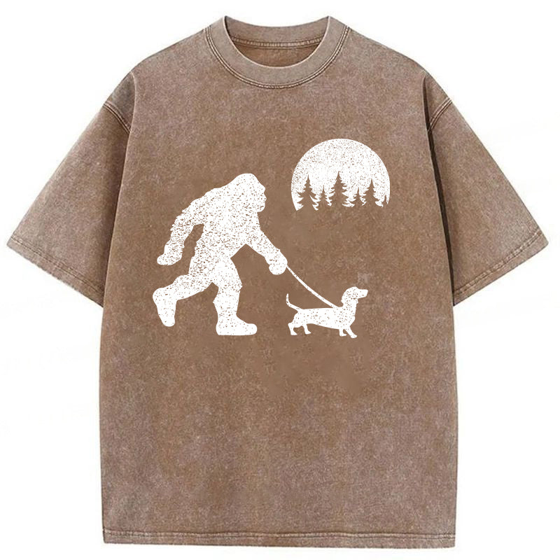 Funny Dachshund Walking Bigfoot Washed Unisex Tee