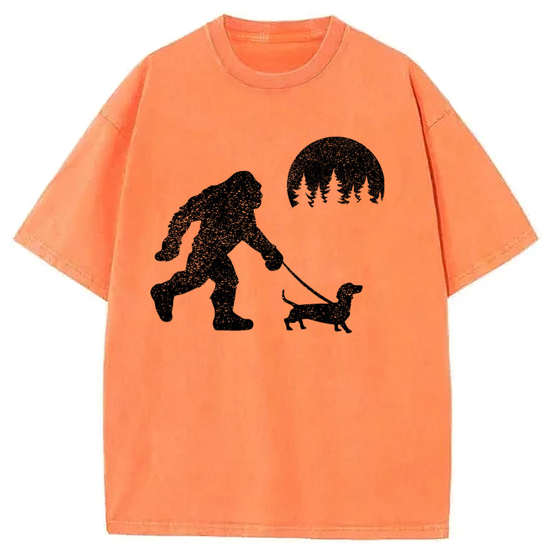 Funny Dachshund Walking Bigfoot Washed Unisex Tee