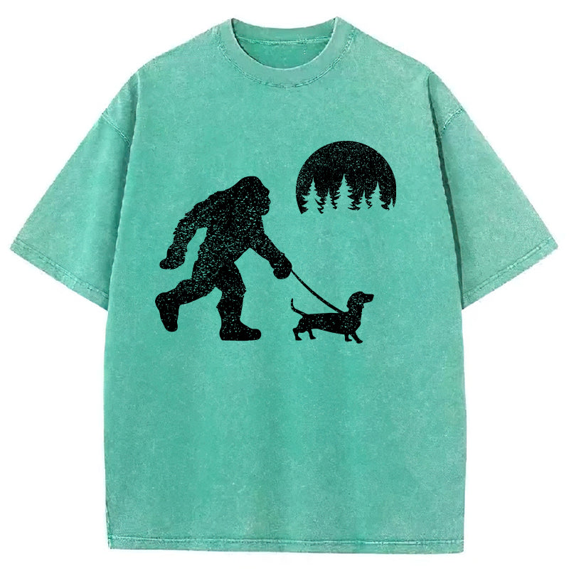 Funny Dachshund Walking Bigfoot Washed Unisex Tee