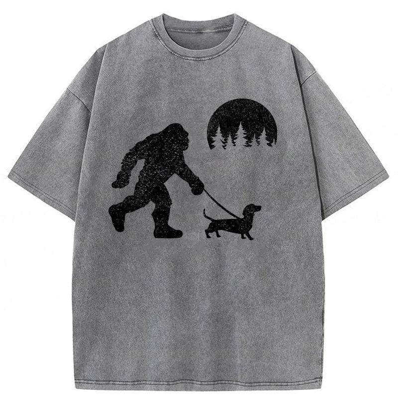 Funny Dachshund Walking Bigfoot Washed Unisex Tee