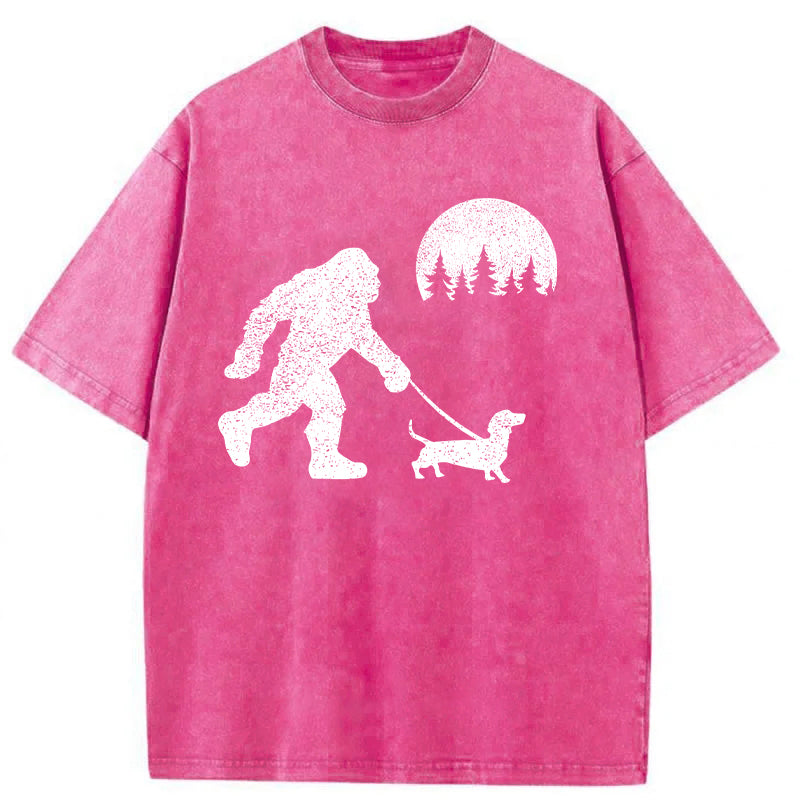 Funny Dachshund Walking Bigfoot Washed Unisex Tee