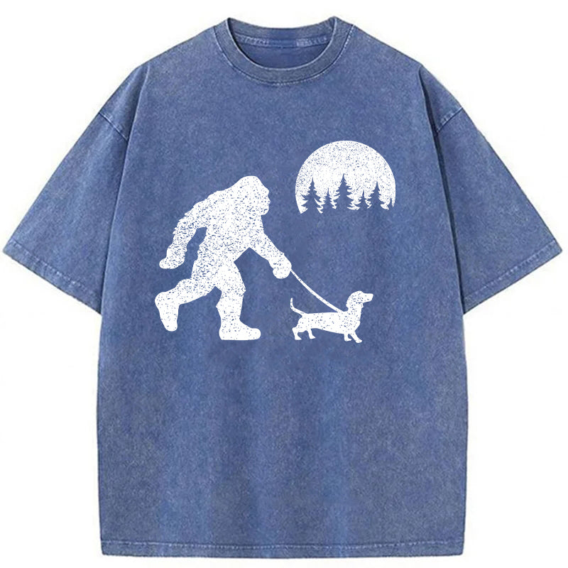 Funny Dachshund Walking Bigfoot Washed Unisex Tee