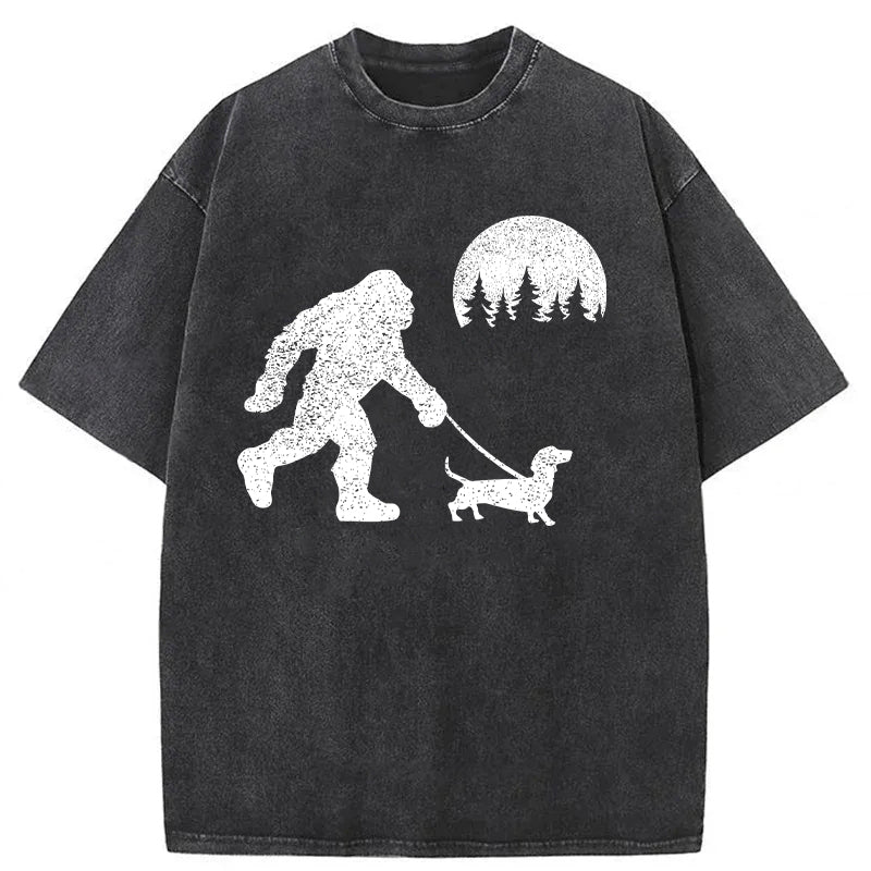 Funny Dachshund Walking Bigfoot Washed Unisex Tee