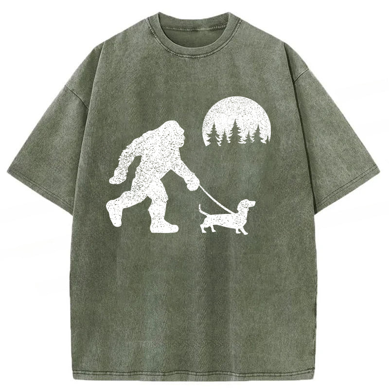 Funny Dachshund Walking Bigfoot Washed Unisex Tee